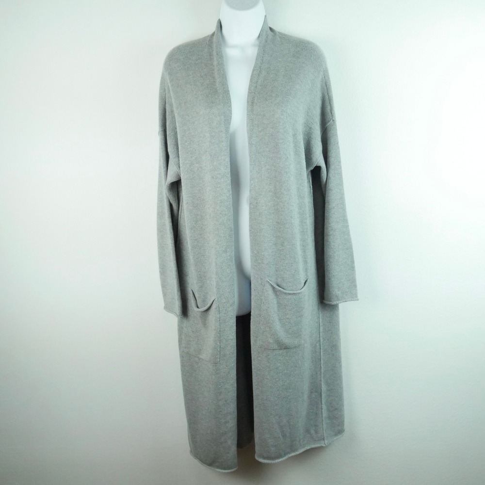 Eileen Fisher Grey Organic Cotton Tencel Long Open Front Cardigan Duster Medium